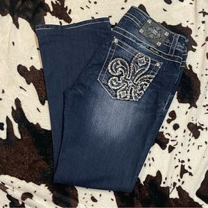 Miss Me Mid-Rise Boot Cut Jeans Bling Rhinestone Pocket Design 31 Altered Lngth